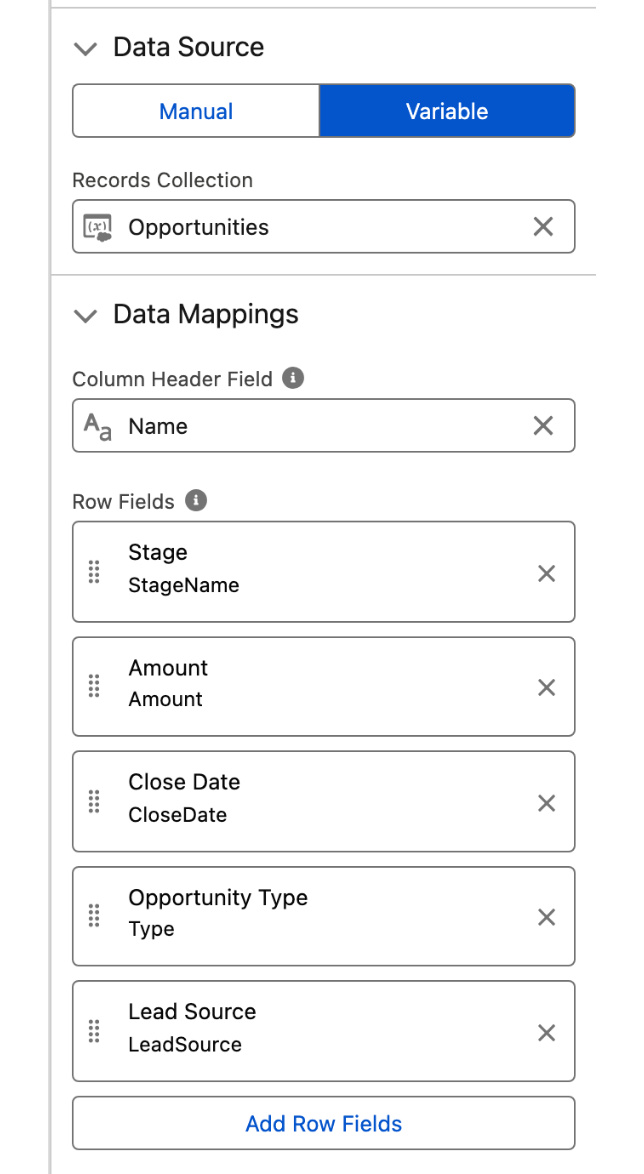 The Data Source and Data Mappings sections of the property editor, with Variable selected, a Records Collection, a Column Header Field and five Row Fields