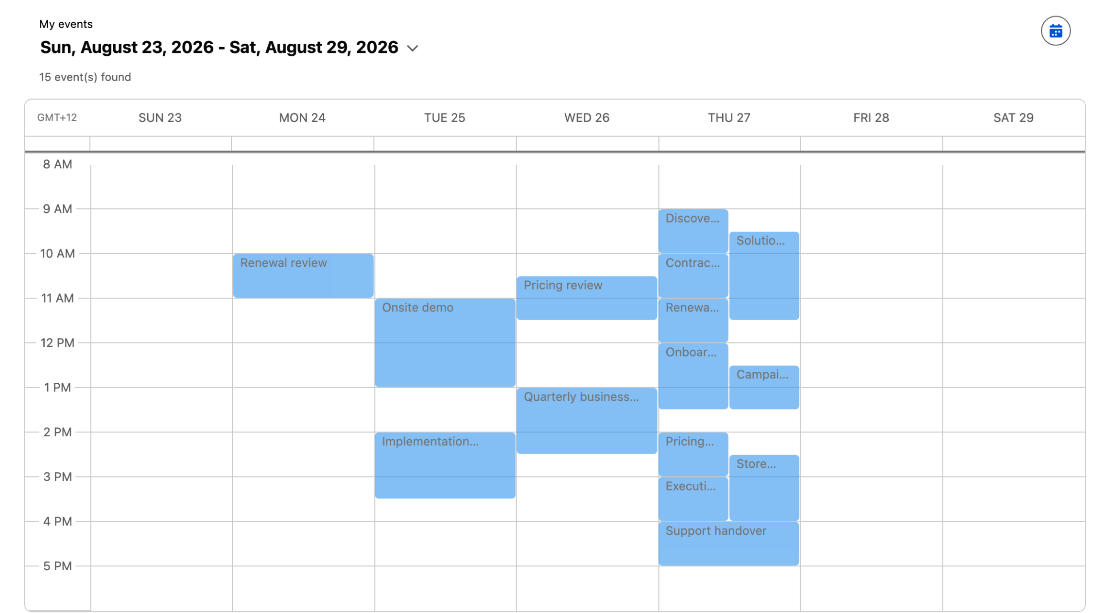 A week grid from Sunday to Saturday with fifteen events placed at their times