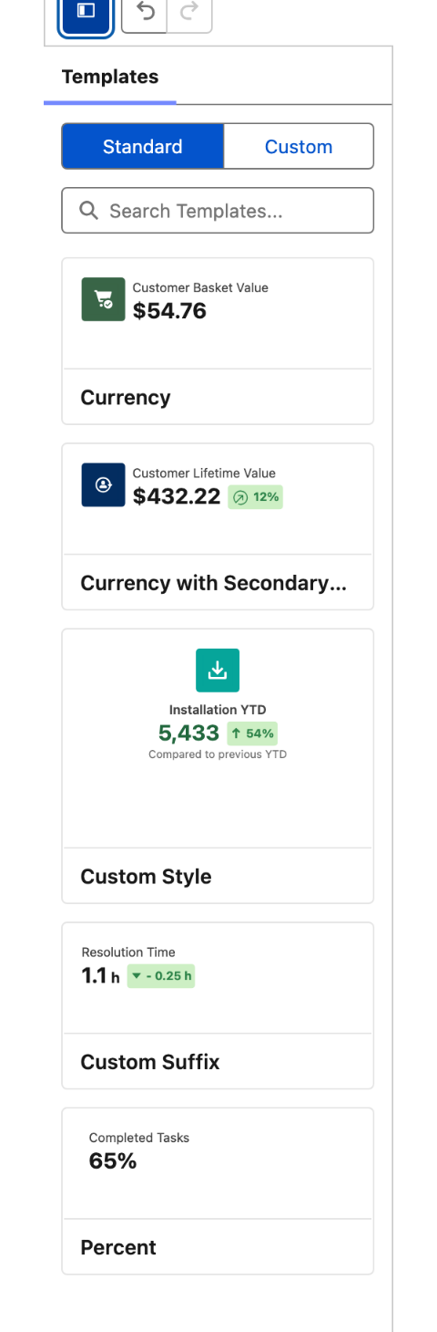 The Templates panel of the Component Builder listing the five standard Metric templates, each with a live preview