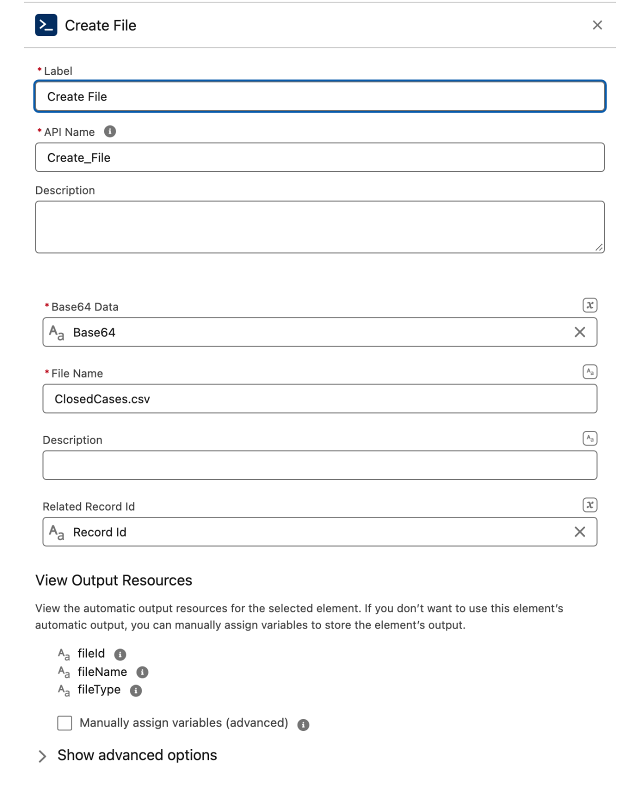 The Create File action open in Flow Builder, with Base64 Data set to the output of the Encode to Base64 action, File Name set to ClosedCases.csv, Description empty and Related Record Id set to recordId