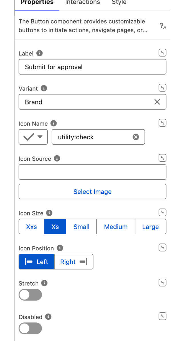 The Properties tab of the Button property editor, showing Label, Variant, Icon Name, Icon Source, Icon Size with its five values, Icon Position, Stretch and Disabled