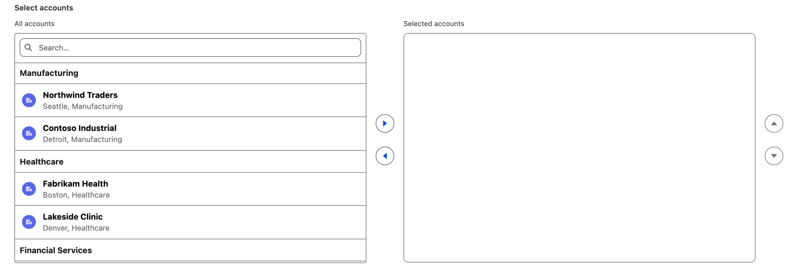 A Dual Listbox whose options are grouped under industry headings, each option showing an avatar and a description line under its label