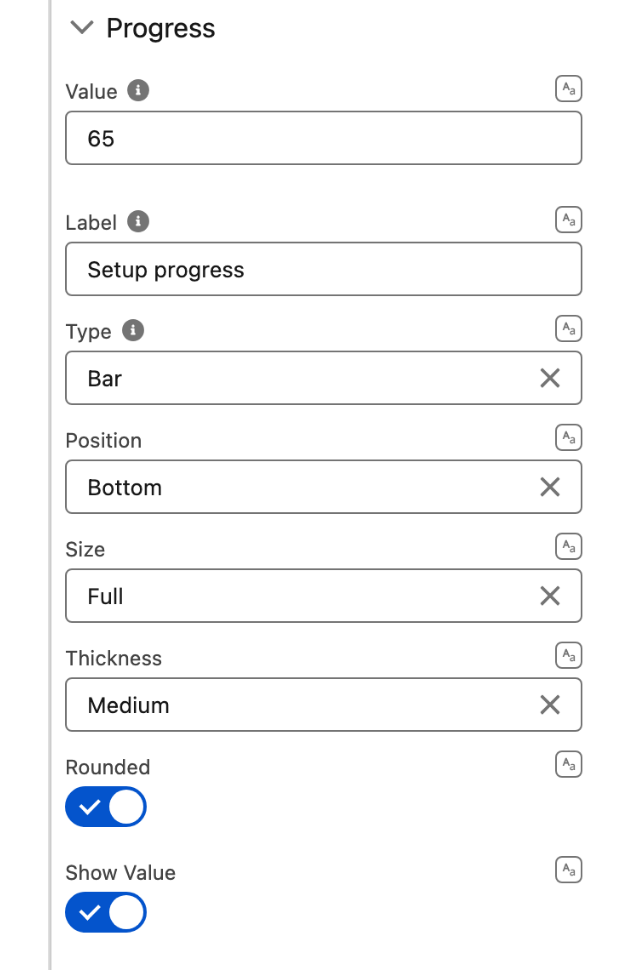 The Progress group of the Visual Picker Link property editor with every progress attribute