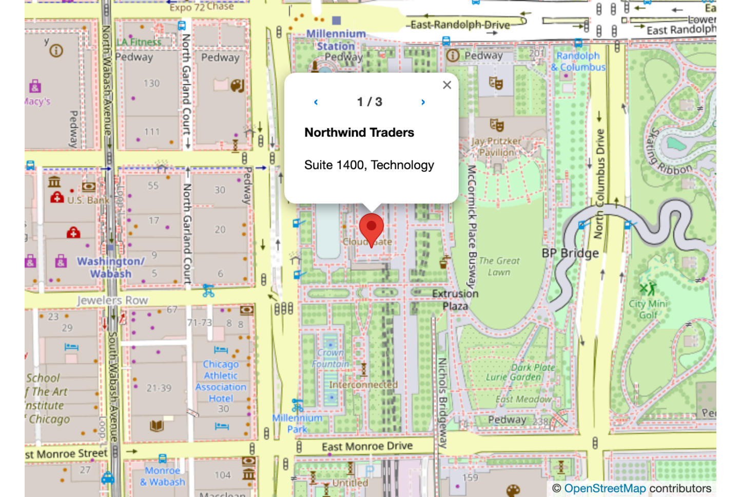 A map marker popup showing the first of three records, with arrows and a 1 / 3 counter