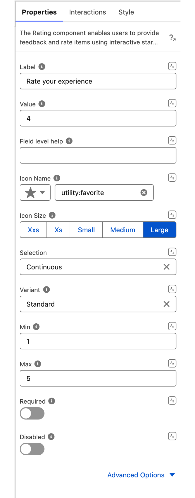 The Properties tab of the Rating property editor