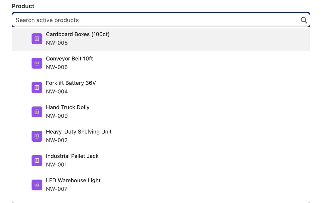 The Combobox dropdown open on seven products, each one showing its product code under the name