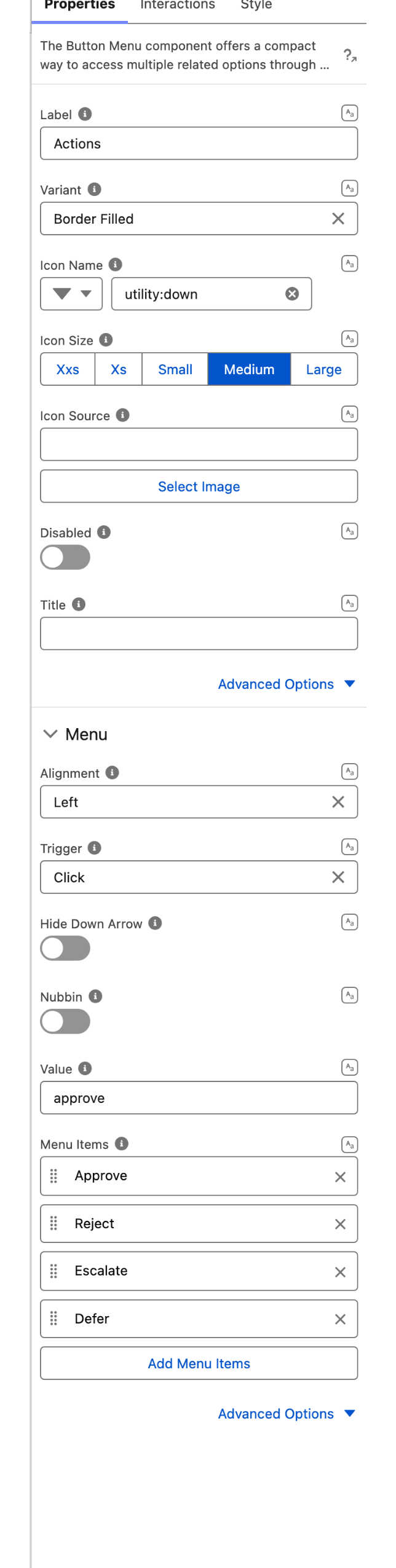 The Properties tab of the Button Menu property editor, with the Menu group open showing Alignment, Trigger, Hide Down Arrow, Nubbin, Value and Menu Items