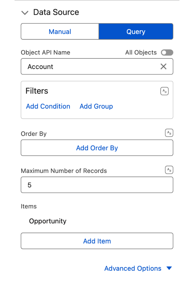 The Data Source section of the property editor with Query selected, showing the object, its filters and order by, and one child query under Items