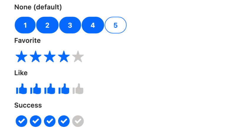 The same Rating with no icon set and with three different Lightning Design System icons