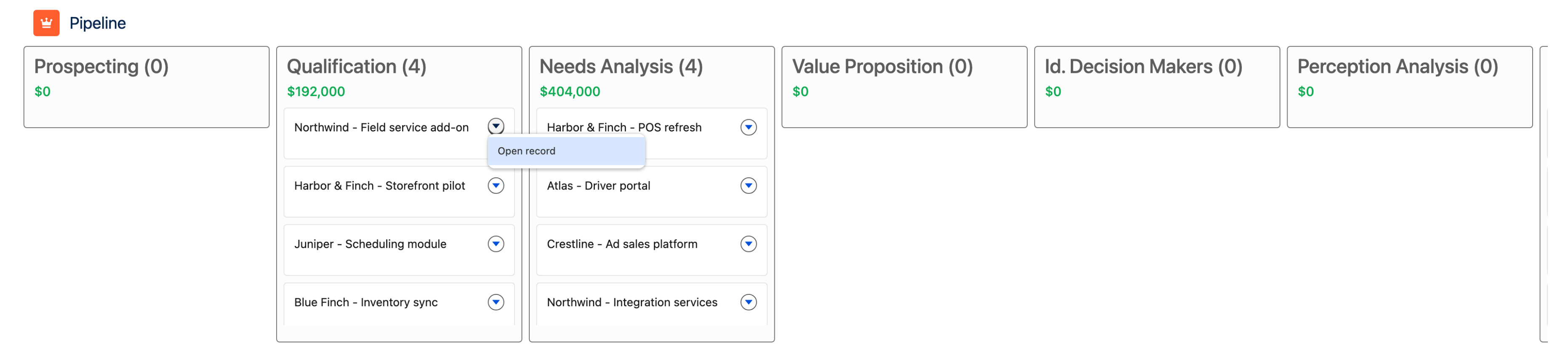 A kanban board of opportunities in stage columns, one card's action menu open on Open record