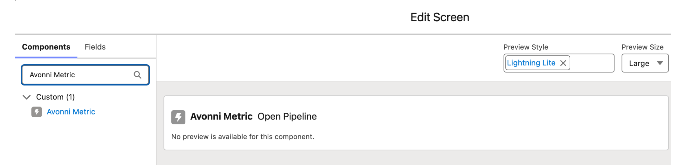 Flow Builder's Edit Screen modal with the components palette filtered to Avonni Metric, and the component sitting on the screen canvas