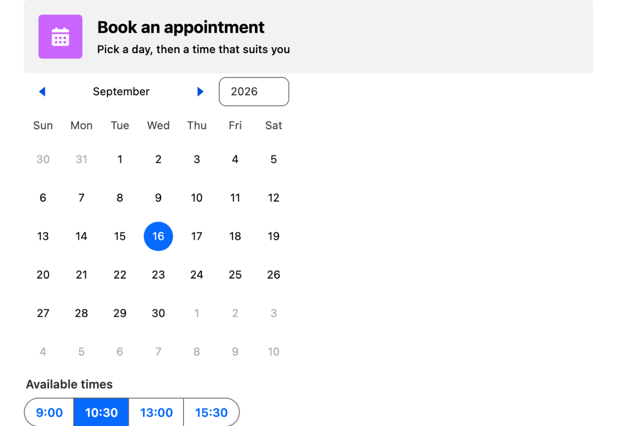 A booking screen with a header, a month calendar and four selectable time slots