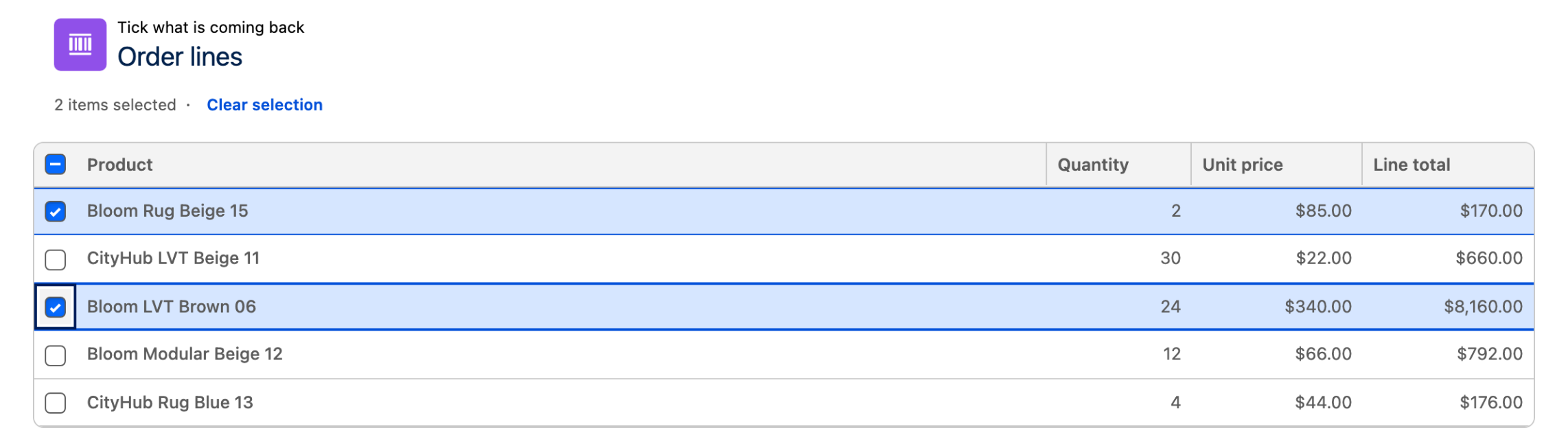 A table of five order lines with product, quantity, unit price and line total, two rows ticked
