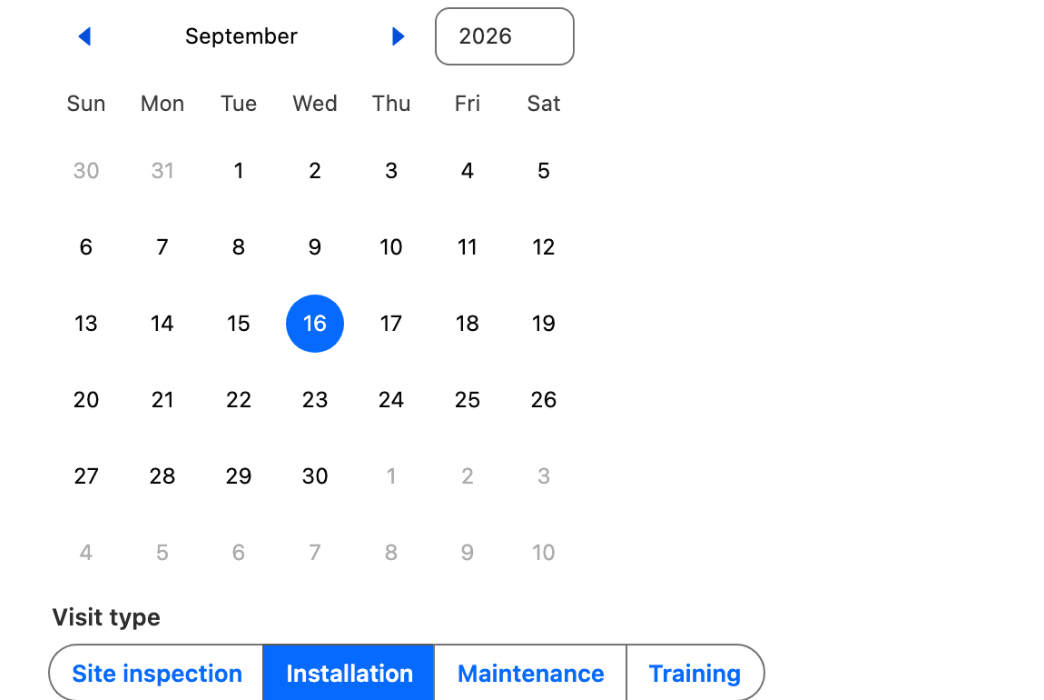A month calendar with the 16th selected, above a row of four visit type buttons with Installation active