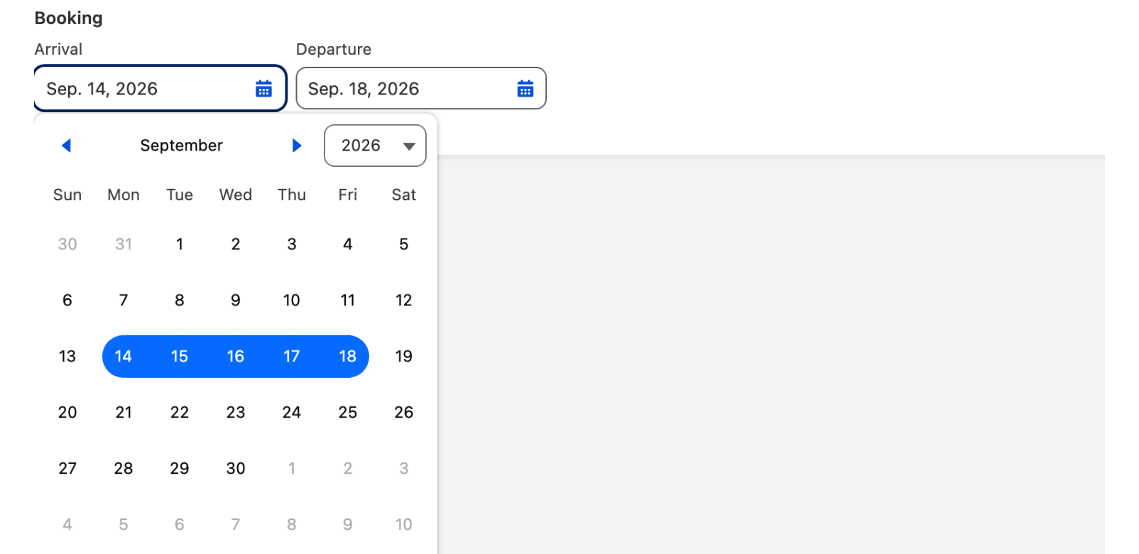 An arrival and a departure date side by side in a single date range control
