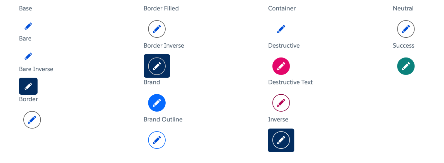 Every value of the Variant property on an Avonni Button Icon, each captioned with its value. The three inverse variants are shown on a dark swatch because they are drawn for dark backgrounds