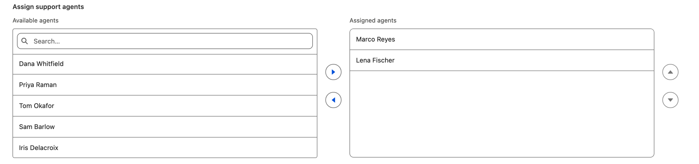 An Avonni Dual Listbox with a source list of available agents on the left, a selected list on the right, a search box above the source list, and the transfer and reorder buttons between them
