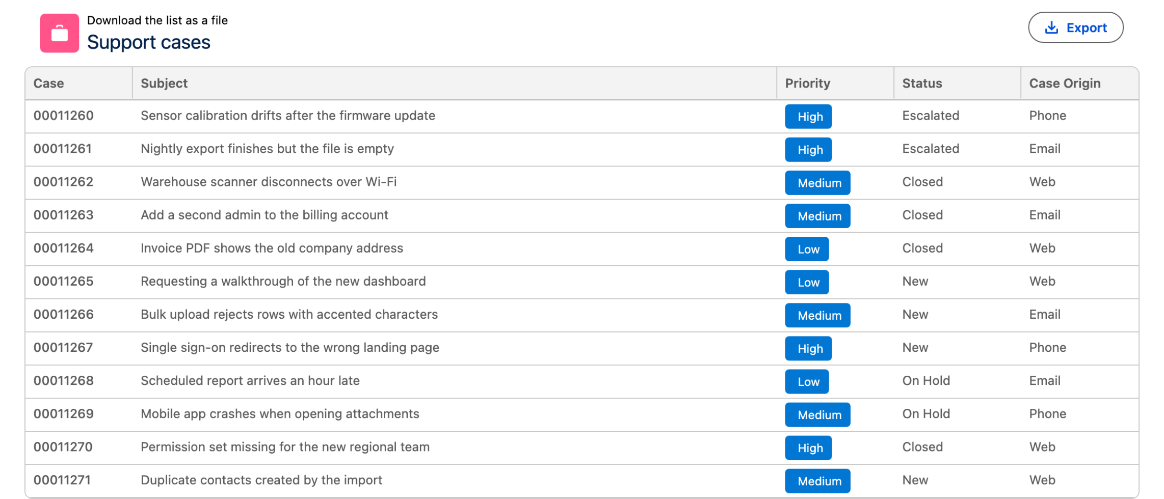 A support case table whose header carries an Export button with a download icon