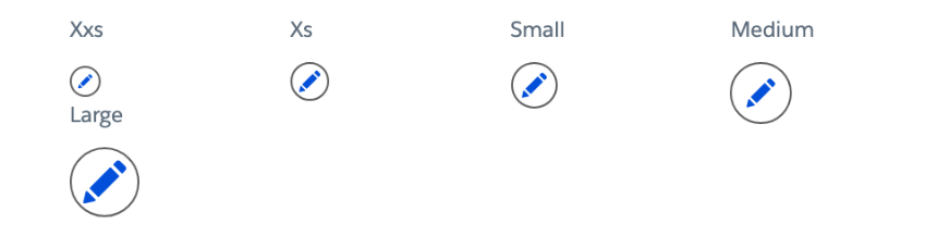 The five values of the Size property on an Avonni Button Icon, from Xxs to Large, each captioned with the label the property editor shows