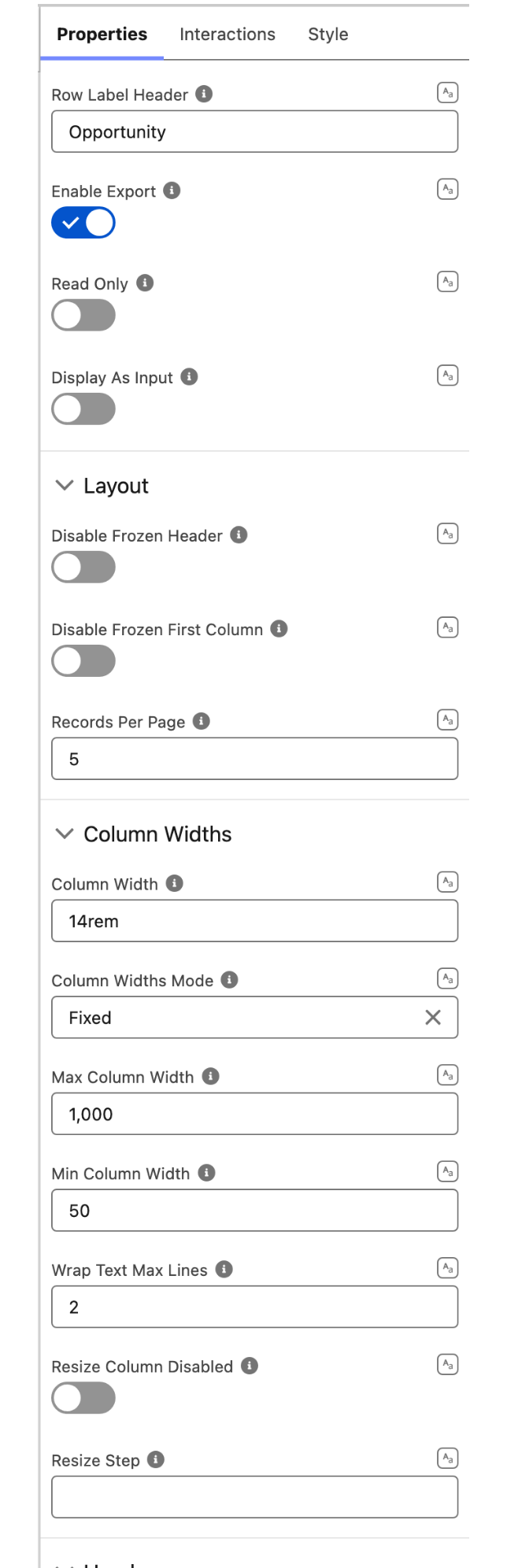 The Properties tab of the property editor, showing Row Label Header, Enable Export, Read Only and Display As Input above the Layout and Column Widths groups