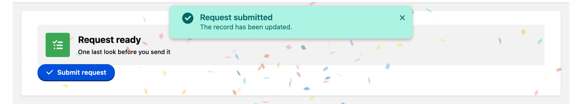 A success toast at the top of the screen and confetti falling over the submit button