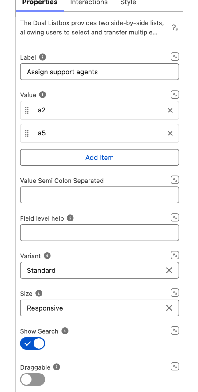 The Properties tab of the Dual Listbox property editor: the Value collection with its Add Item button, Variant, Size showing its Responsive default, and the Show Search and Draggable toggles