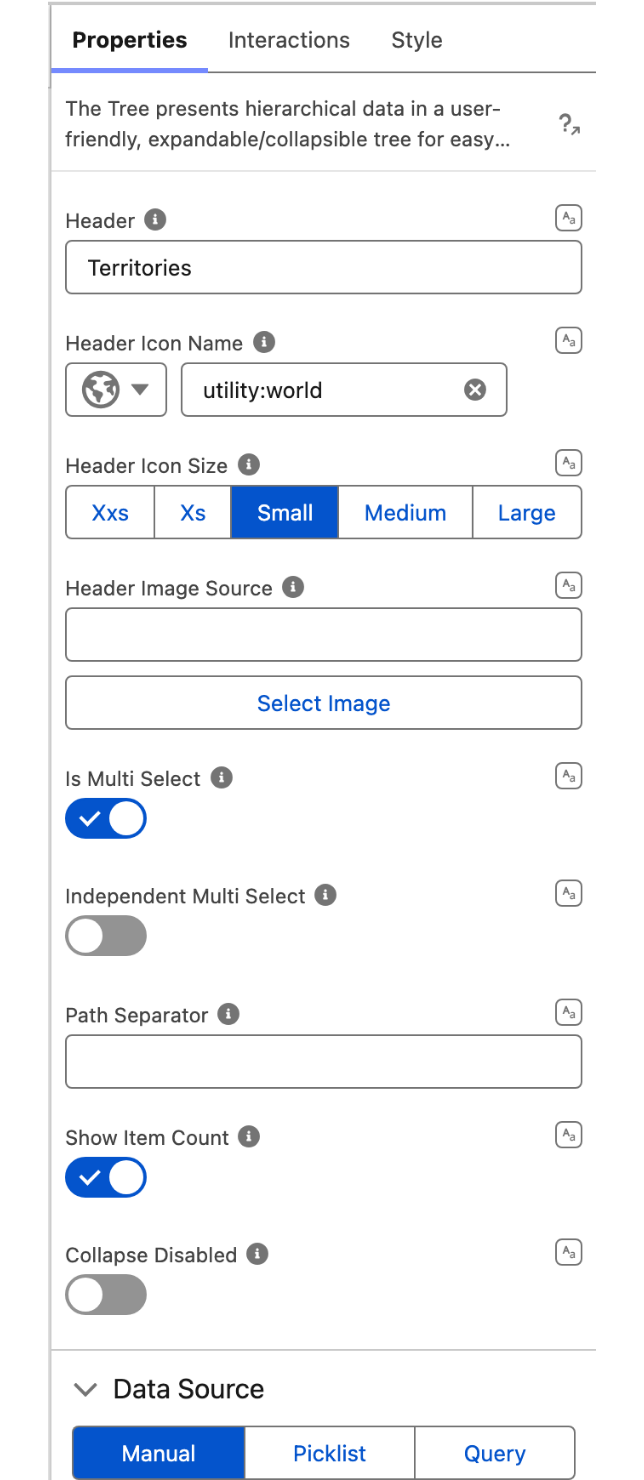 The Properties tab of the Tree property editor