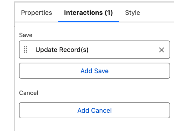 The Interactions tab of the property editor, with an Update Record(s) action listed under Save
