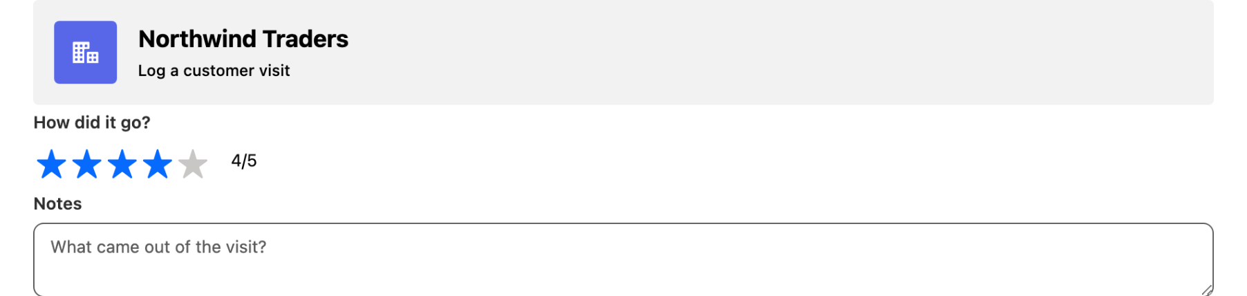 A header with an account icon, the account name and a subtitle, above a rating and a notes field