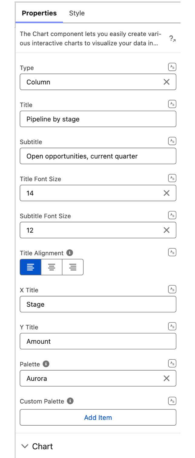 The Chart property editor, Properties tab