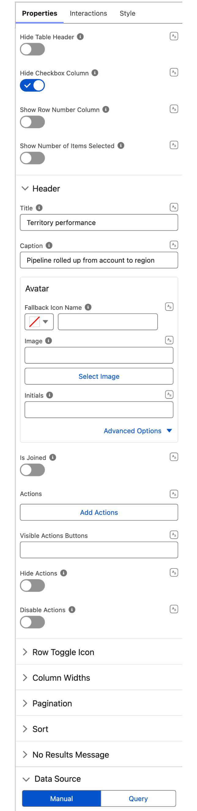The Properties tab of the property editor, showing the display toggles, the open Header group, and the collapsed Row Toggle Icon, Column Widths, Pagination, Sort, No Results Message and Data Source groups